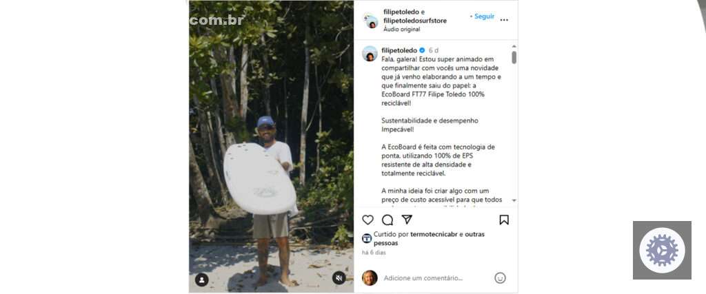 Na foto retirado no instagram, está o atleta de surfe, Filipe Toledo, que lançou a primeira prancha totalmente sustentável